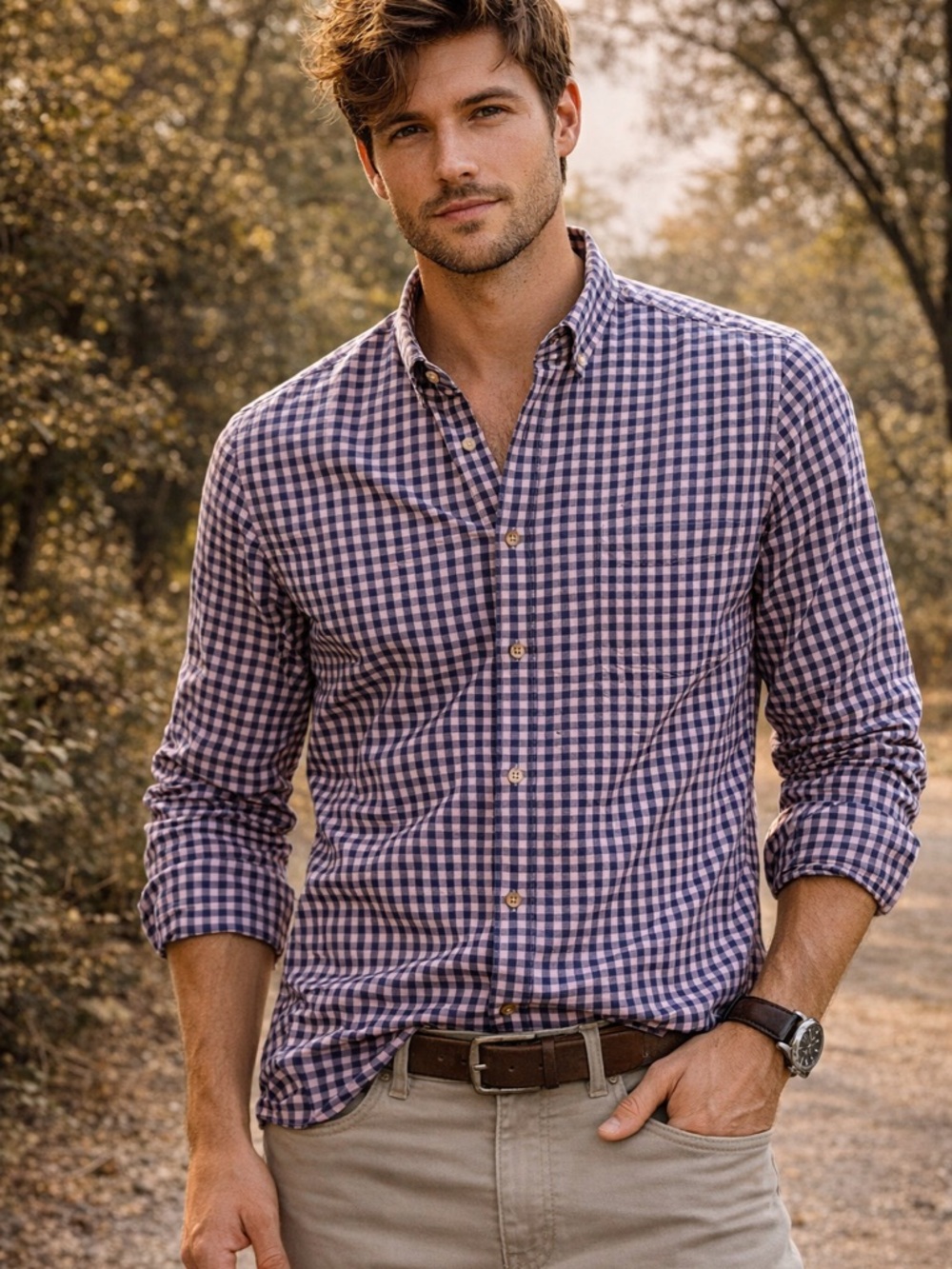 ROWM Gingham Button Down Shirt L Navy Pink